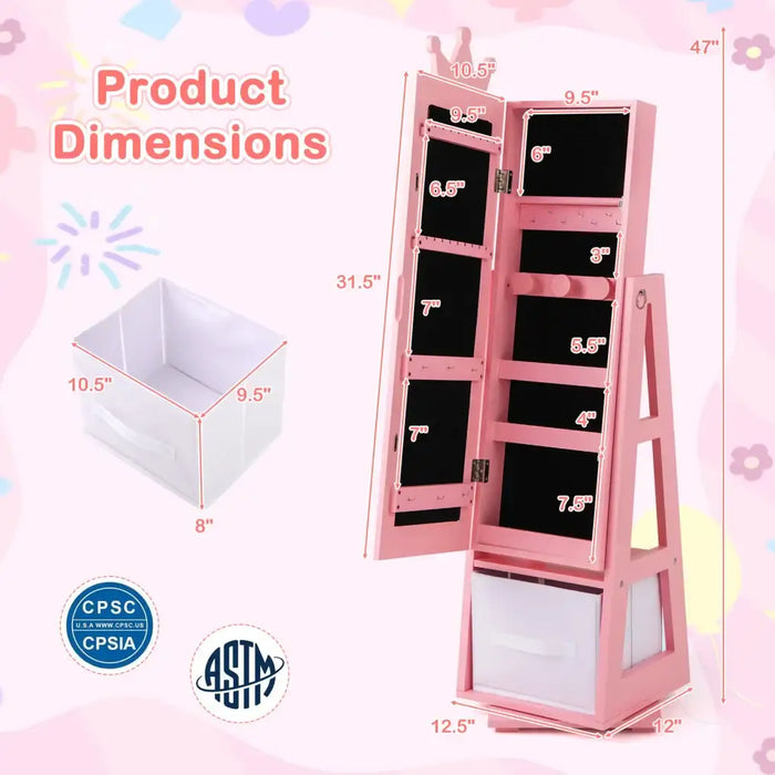 Kids Jewellery Cabinet - Pink | Full-Length Mirror with Crown-Design - 360° Swivel COSTWAY - Little and Giant Explorers Costway