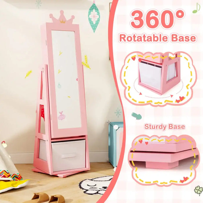 Kids Jewellery Cabinet - Pink | Full-Length Mirror with Crown-Design - 360° Swivel COSTWAY - Little and Giant Explorers Costway