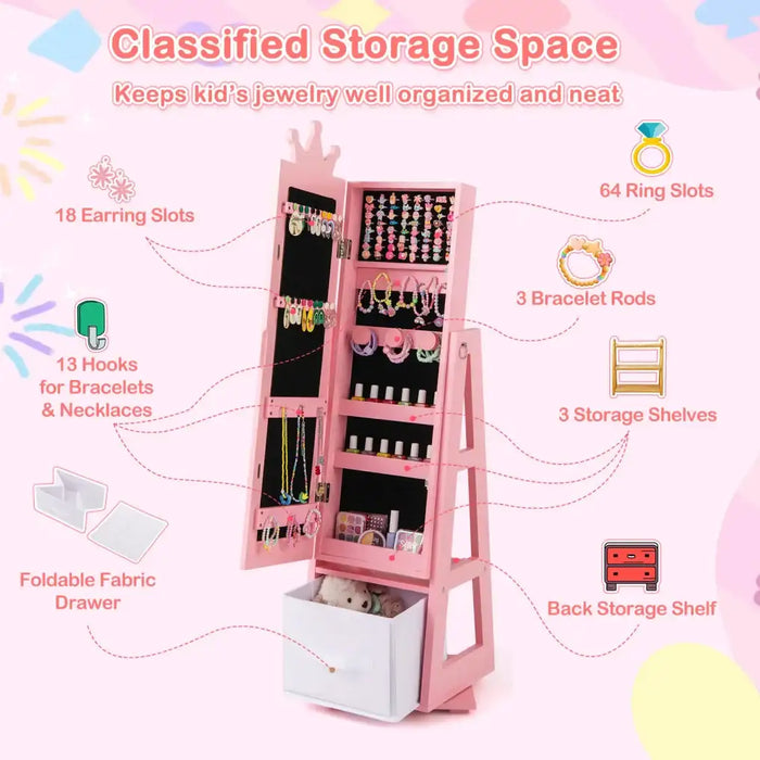 Kids Jewellery Cabinet - Pink | Full-Length Mirror with Crown-Design - 360° Swivel COSTWAY - Little and Giant Explorers Costway