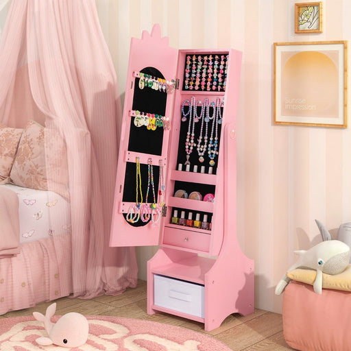 Kids Jewellery Cabinet with Full Length Mirror and Foldable Drawer in Pink - Little and Giant Explorers Costway