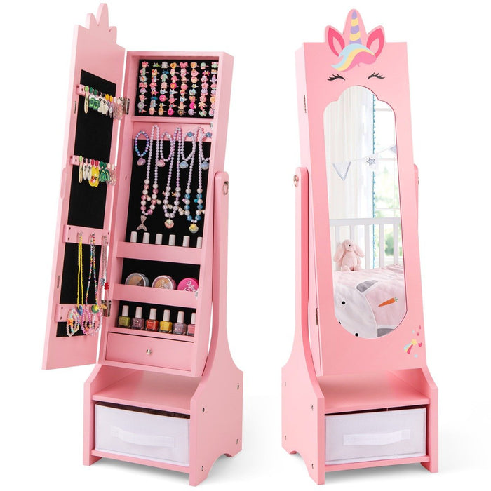 Kids Jewellery Cabinet with Full Length Mirror and Foldable Drawer in Pink - Little and Giant Explorers Costway