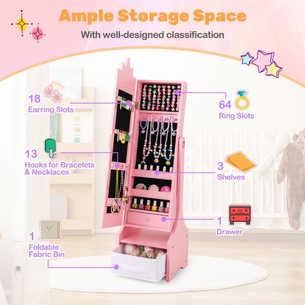 Kids Jewellery Cabinet with Full Length Mirror and Foldable Drawer in Pink - Little and Giant Explorers Costway