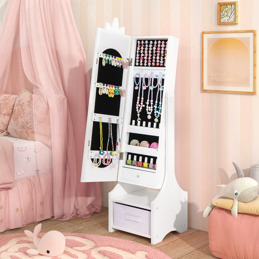 Kids Jewellery Cabinet with Full Length Mirror and Foldable Drawer in White - Little and Giant Explorers Costway