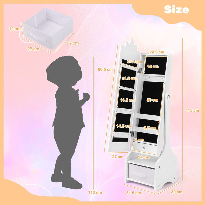 Kids Jewellery Cabinet with Full Length Mirror and Foldable Drawer in White - Little and Giant Explorers Costway