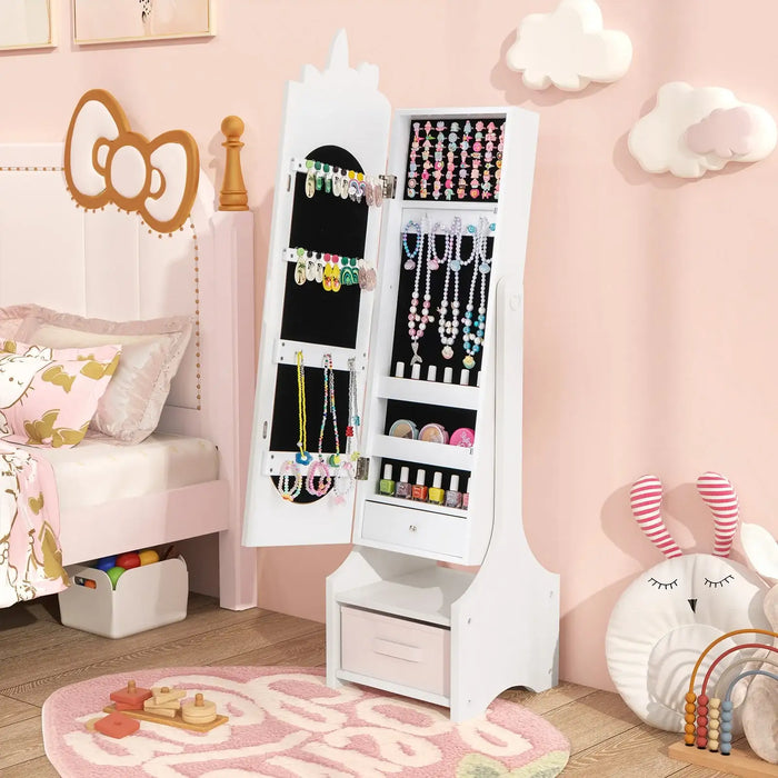 Kids Jewellery Cabinet with Full-Length Mirror – White | 2-in-1 Design - Adjustable Tilt COSTWAY - Little and Giant Explorers