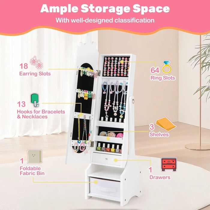 Kids Jewellery Cabinet with Full-Length Mirror – White | 2-in-1 Design - Adjustable Tilt COSTWAY - Little and Giant Explorers