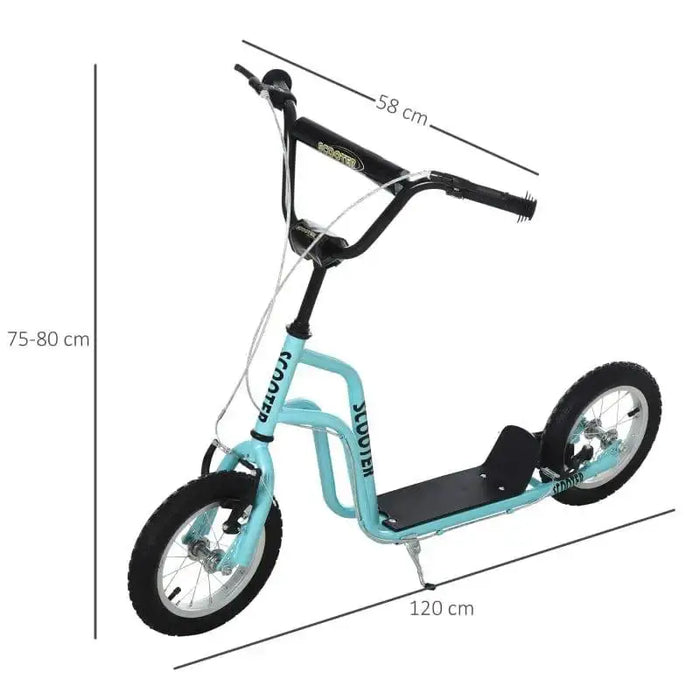 Blue and black kids kick scooter with dual brakes, adjustable handlebar, and size labels.