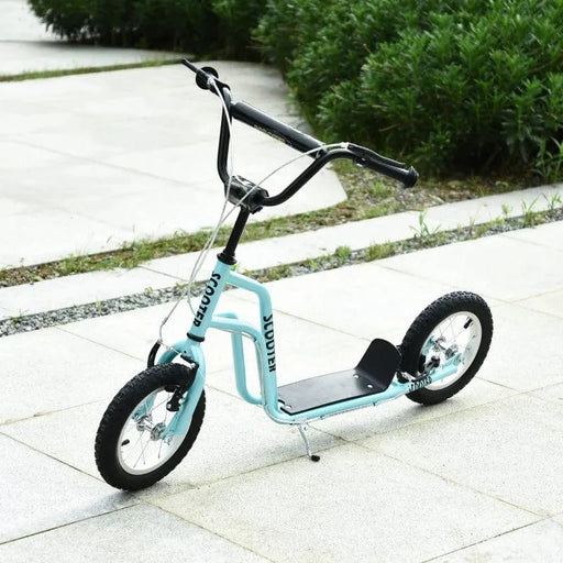 Blue and black kids kick scooter with adjustable handlebar on outdoor pavement