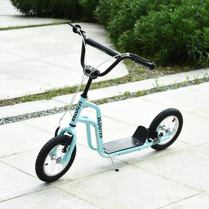 Blue and black kids kick scooter with adjustable handlebar on outdoor pavement