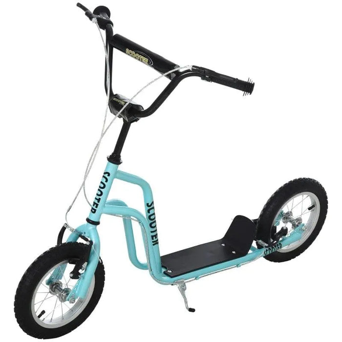 Blue and black kids kick scooter with large tires, dual brakes, and adjustable handlebar