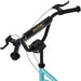 Close-up of blue and black kids scooter handlebar with dual brakes and padding