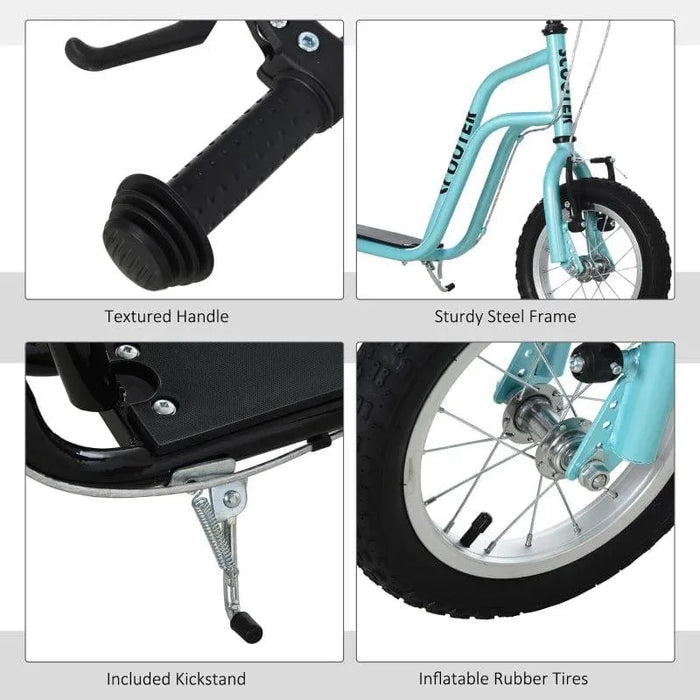 Blue kids kick scooter with textured handle, steel frame, kickstand, and inflatable rubber tires