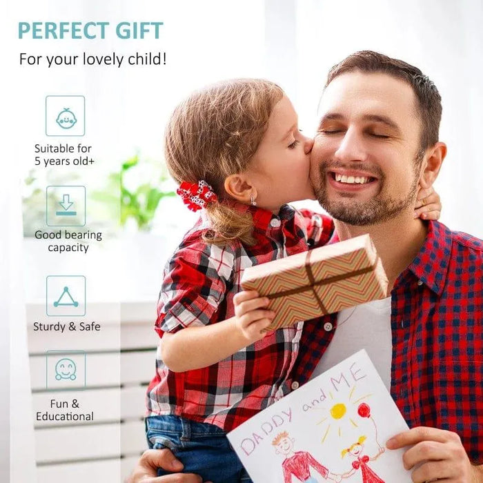 Smiling father receives a gift and drawing from daughter, both wearing plaid shirts, with gift benefits listed.
