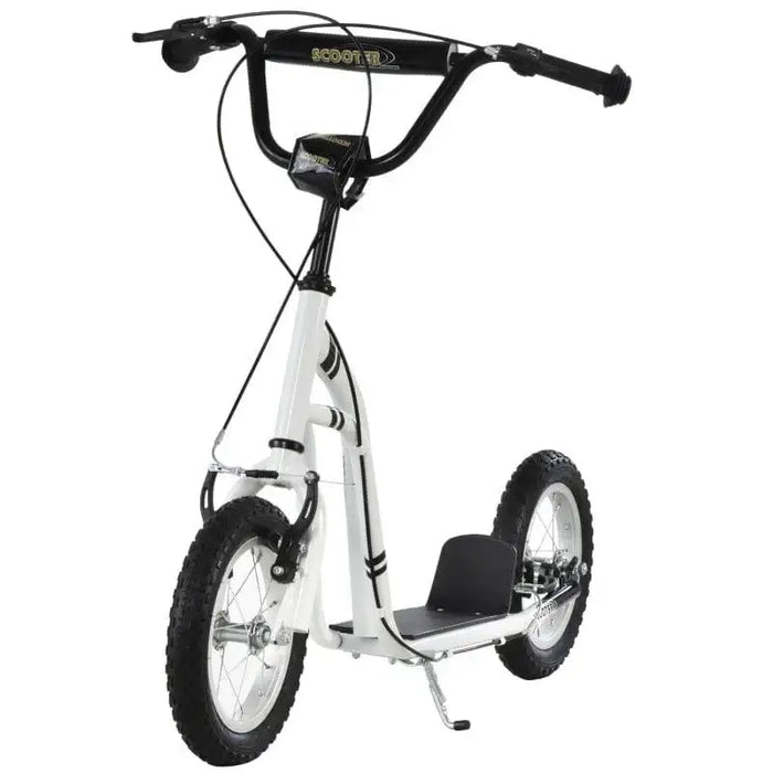 White kids kick scooter with adjustable handlebar, dual brake system, and large wheels