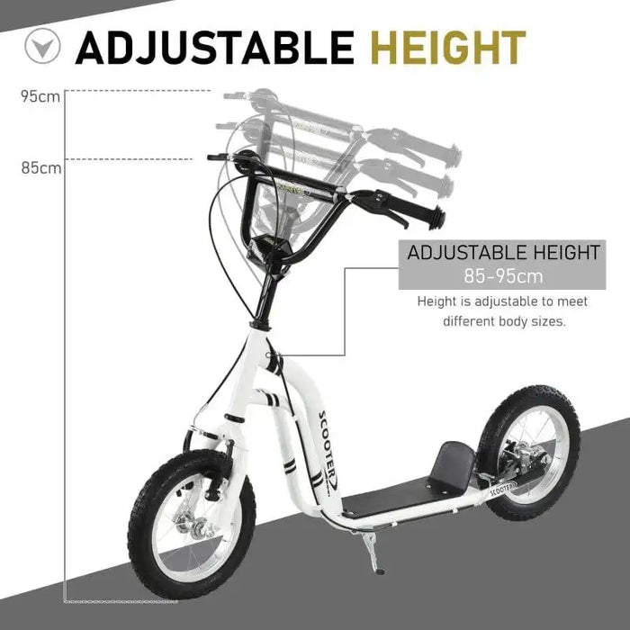 White kids kick scooter with adjustable handlebar height, dual brake system, big wheels