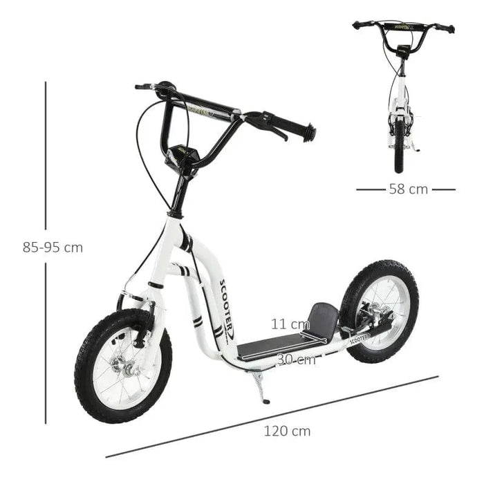 White kids kick scooter with big wheels, adjustable height, dual brake system, labeled dimensions