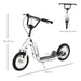 White kids kick scooter with big wheels, adjustable height, dual brake system, labeled dimensions