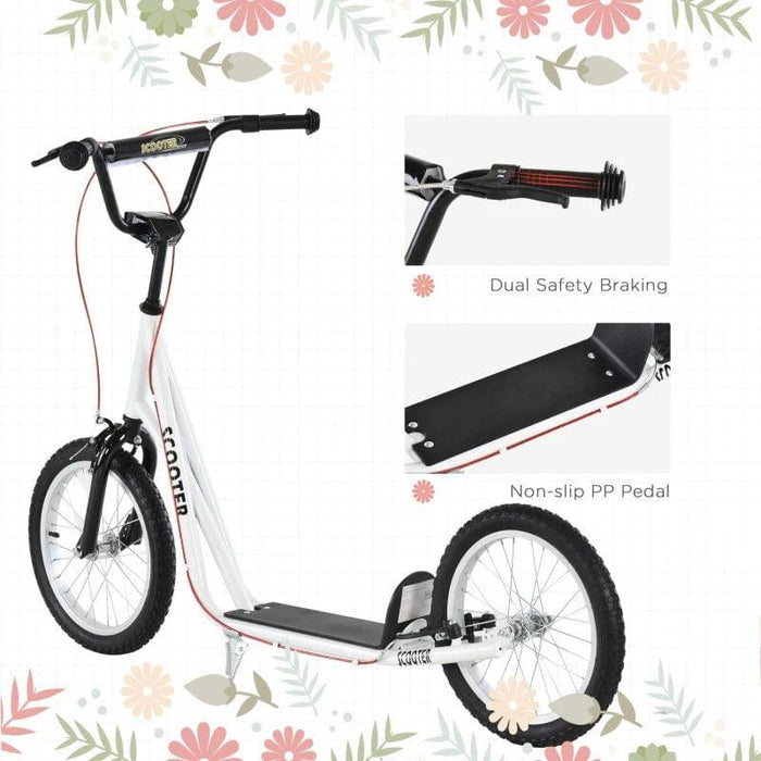 Kick Scooter with Adjustable Handlebar, Dual Brakes and Anti-Slip Deck in White - Little and Giant Explorers HOMCOM