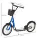 Blue and black kids kick scooter with basket, adjustable handlebar, dual brakes, and size labels