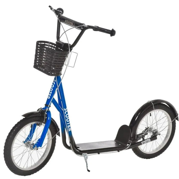 Blue and black kids kick scooter with basket, adjustable handlebar, and dual brakes