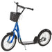 Blue and black kids kick scooter with basket, adjustable handlebar, and dual brakes