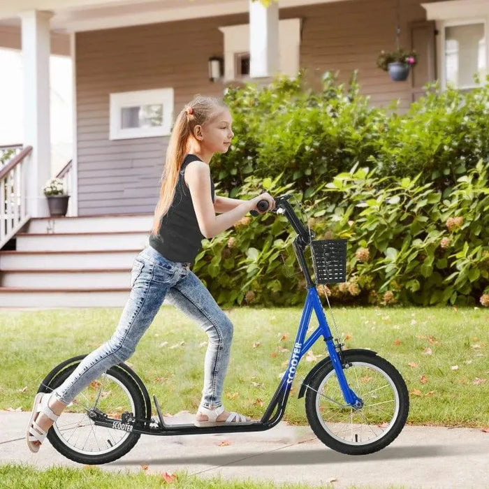Girl riding blue and black kids kick scooter with basket on suburban sidewalk