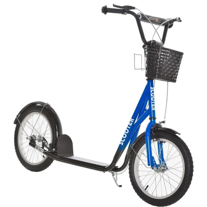 Blue and black kids kick scooter with basket, adjustable handlebar, and dual brakes