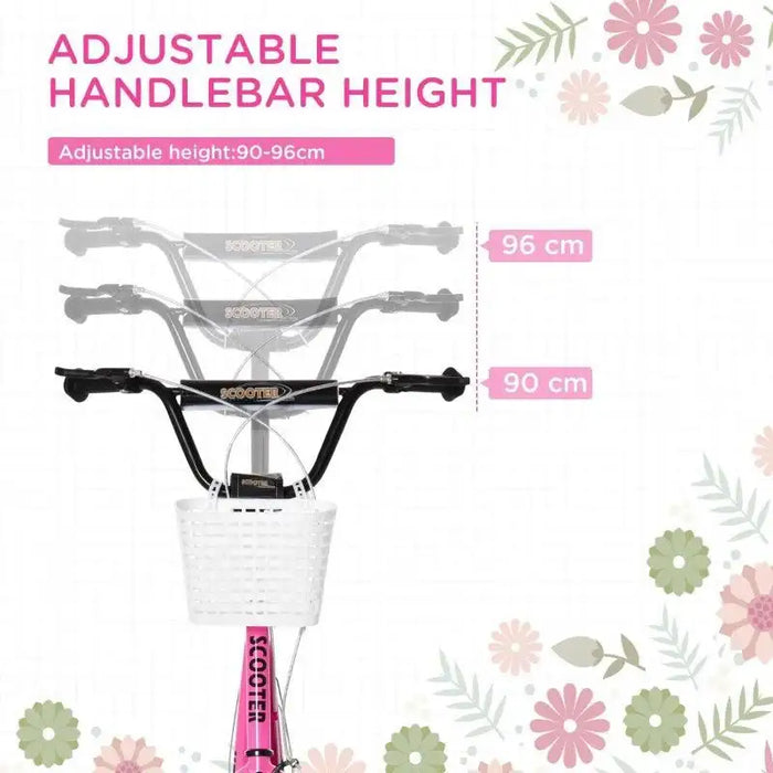 Kids Adjustable Scooter with Inflatable Wheels, Brake, Basket, Cupholder and Mudguard in Pink - Little and Giant Explorers HOMCOM