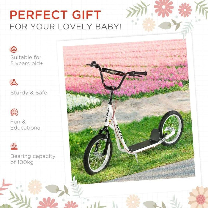 Kick Scooter with Adjustable Handlebar, Dual Brakes and Anti-Slip Deck in White - Little and Giant Explorers HOMCOM