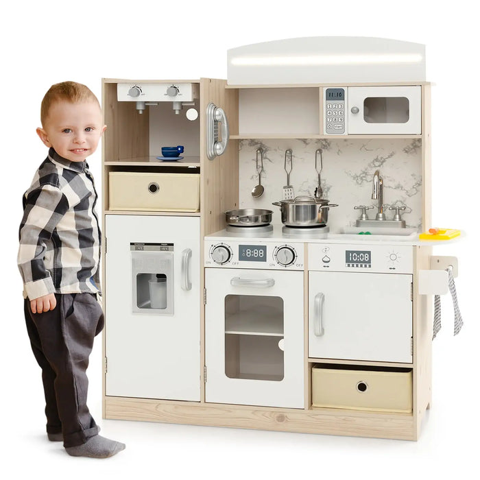 Kids Kitchen Playset White Natural | LED Lights with Remote Control - Little and Giant Explorers Costway