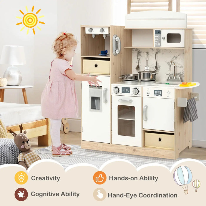 Kids Kitchen Playset White Natural | LED Lights with Remote Control - Little and Giant Explorers Costway