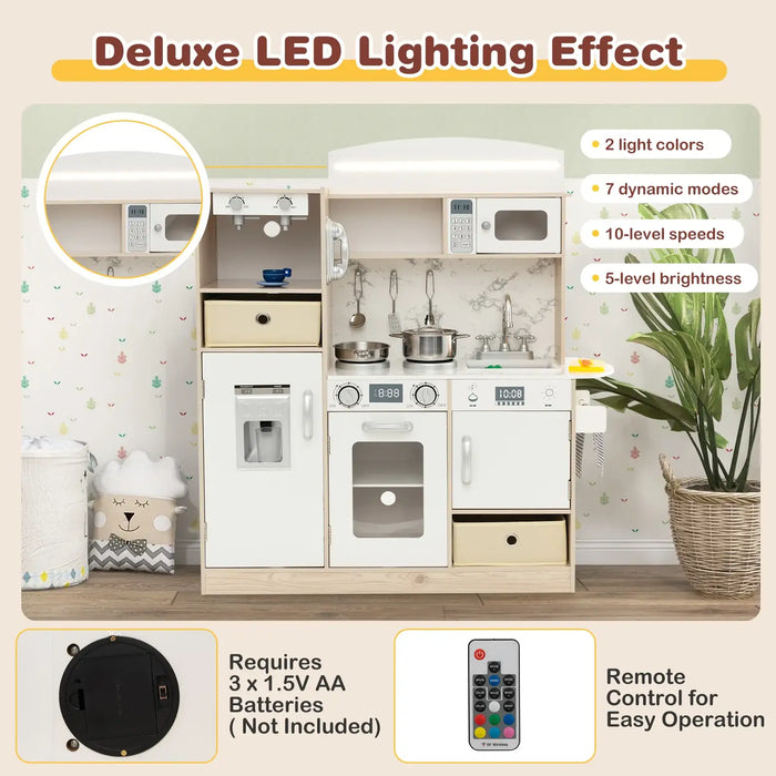 Kids Kitchen Playset White Natural | LED Lights with Remote Control - Little and Giant Explorers Costway