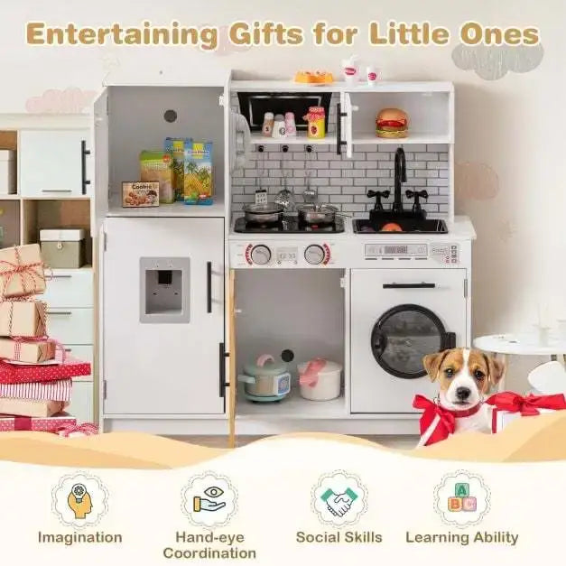 Kids Kitchen Playset – White | Wooden Pretend Cooking Toy - Glowing Stove COSTWAY - Little and Giant Explorers Costway