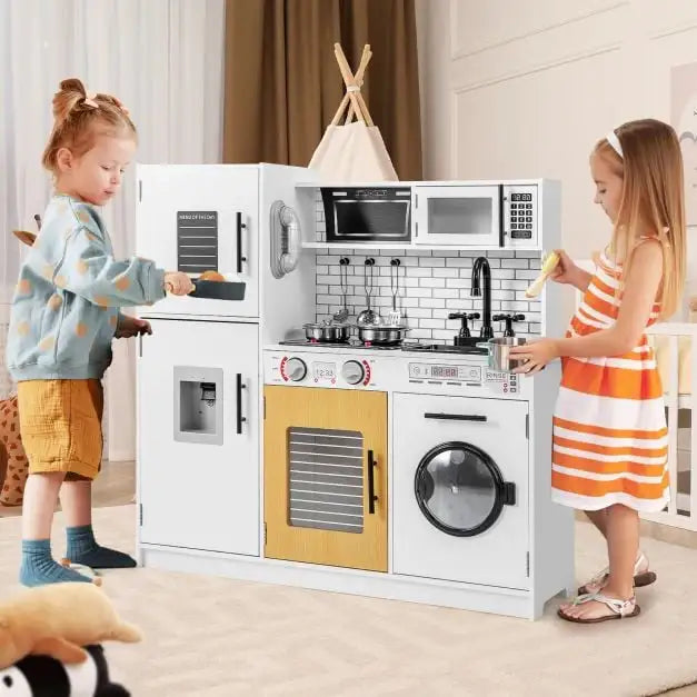 Kids Kitchen Playset – White | Wooden Pretend Cooking Toy - Glowing Stove COSTWAY - Little and Giant Explorers Costway