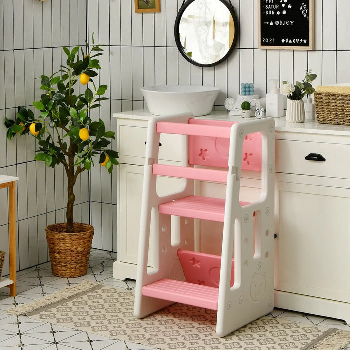 Kids’ Kitchen Step Stool – Pink and White Learning Tower | 3 Adjustable Heights COSTWAY - Little and Giant Explorers Costway