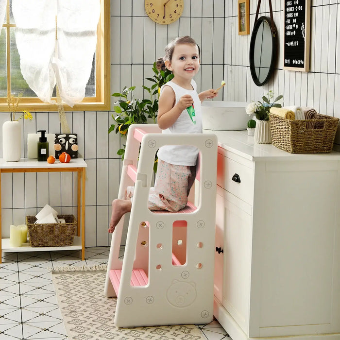 Kids’ Kitchen Step Stool – Pink and White Learning Tower | 3 Adjustable Heights COSTWAY - Little and Giant Explorers Costway