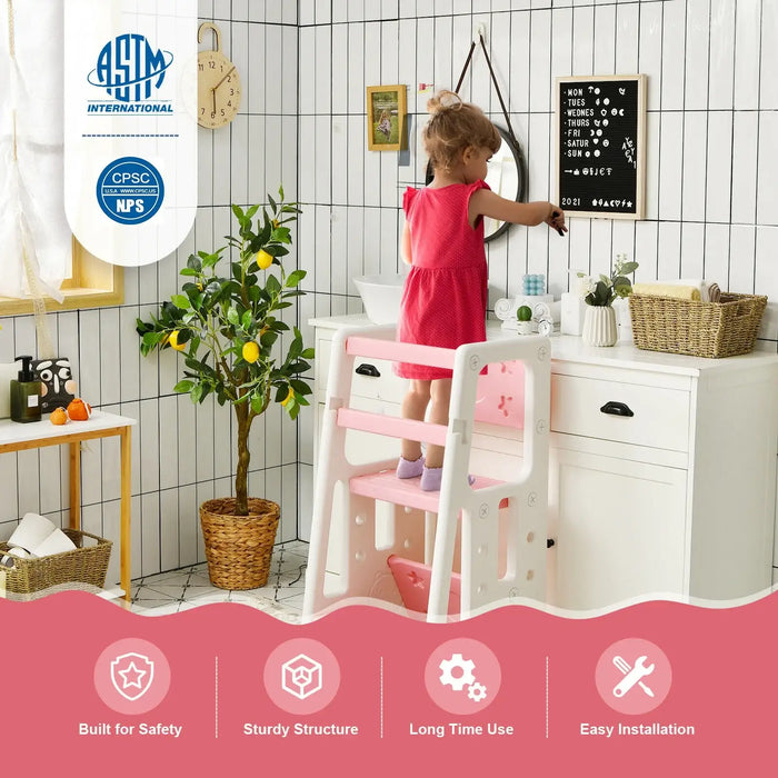 Kids’ Kitchen Step Stool – Pink and White Learning Tower | 3 Adjustable Heights COSTWAY - Little and Giant Explorers Costway