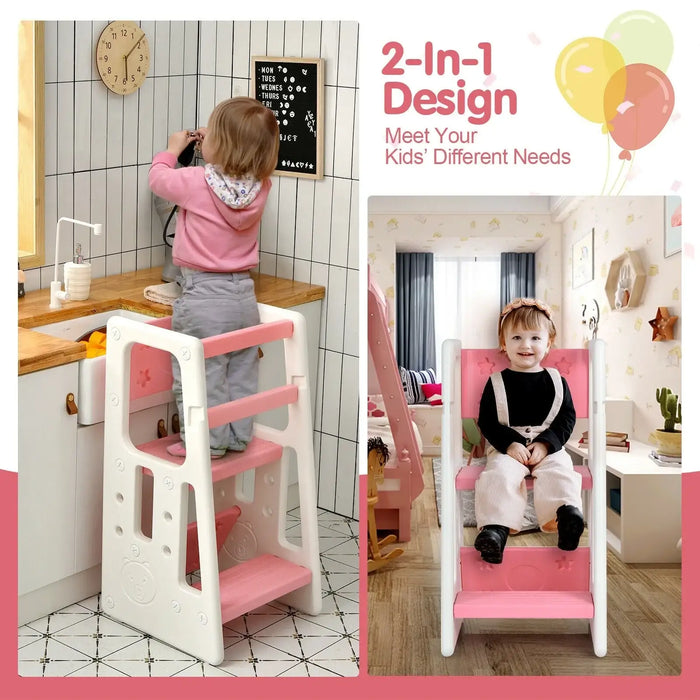 Kids’ Kitchen Step Stool – Pink and White Learning Tower | 3 Adjustable Heights COSTWAY - Little and Giant Explorers Costway