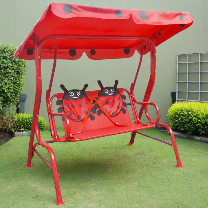 Kids ladybird swing seat with sunshade canopy for garden or patio relaxation