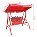 Red kids ladybird swing seat with sunshade canopy, garden patio, and size dimensions shown
