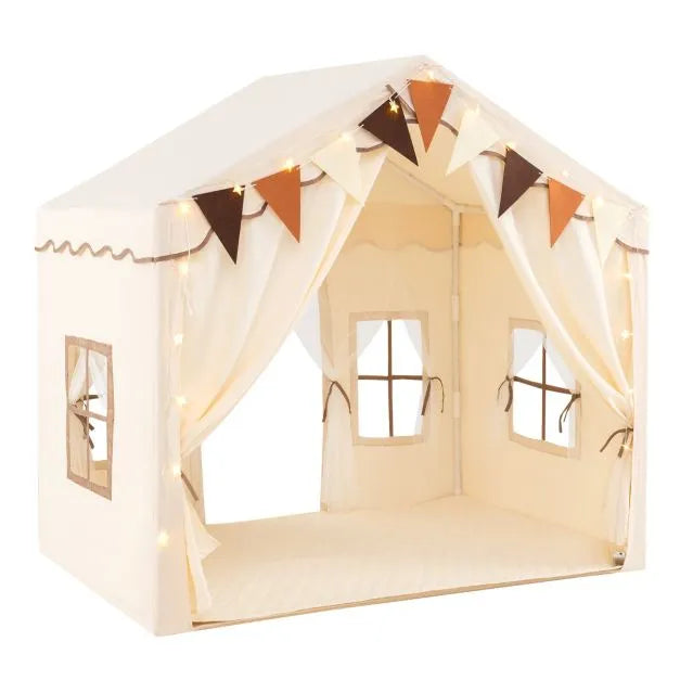 Kids Large Play Tent House with Screen Curtains and Star Lights in Beige - Little and Giant Explorers Costway