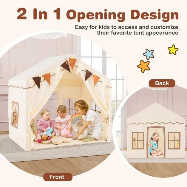 Kids Large Play Tent House with Screen Curtains and Star Lights in Beige - Little and Giant Explorers Costway