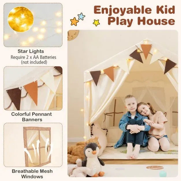 Kids Large Play Tent House with Screen Curtains and Star Lights in Beige - Little and Giant Explorers Costway