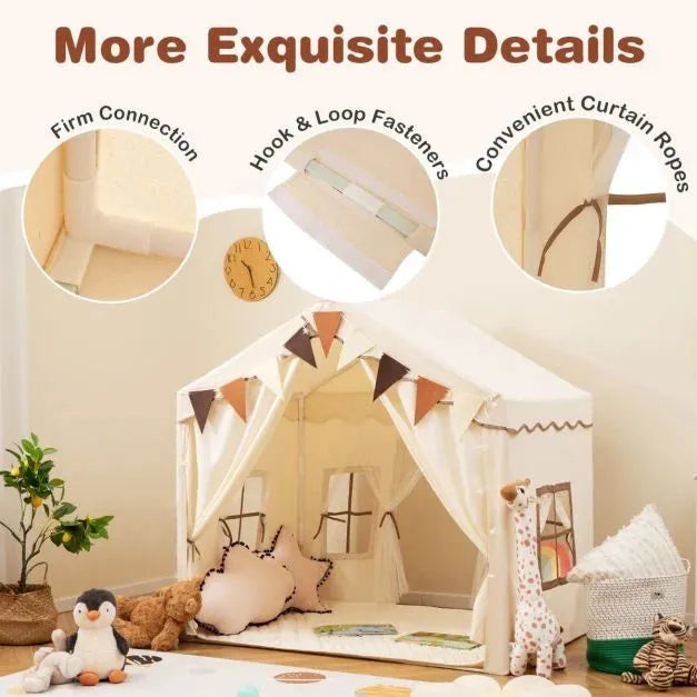 Kids Large Play Tent House with Screen Curtains and Star Lights in Beige - Little and Giant Explorers Costway