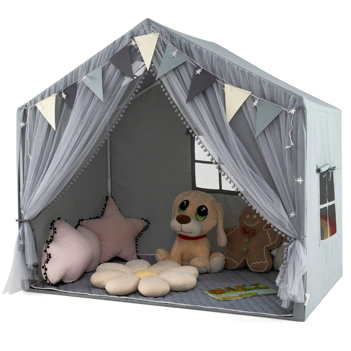 Kids Large Play Tent House with Screen Curtains and Star Lights in Grey - Little and Giant Explorers Costway