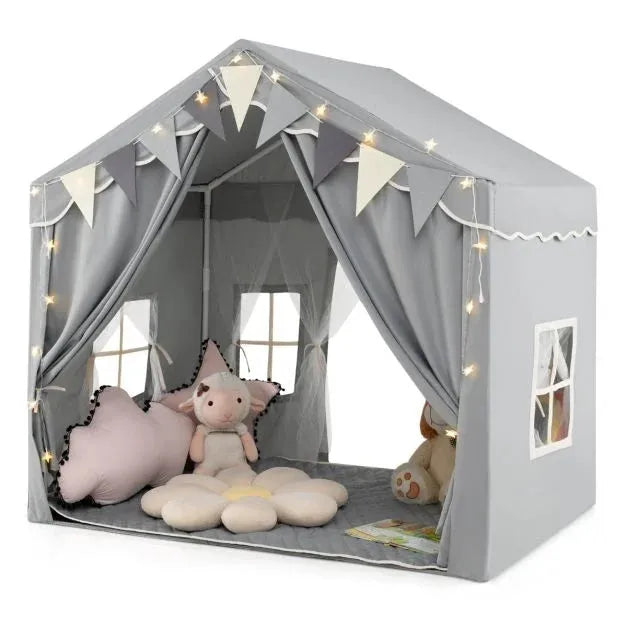 Kids Large Play Tent House with Screen Curtains and Star Lights in Grey - Little and Giant Explorers Costway