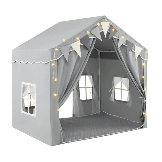 Kids Large Play Tent House with Screen Curtains and Star Lights in Grey - Little and Giant Explorers Costway