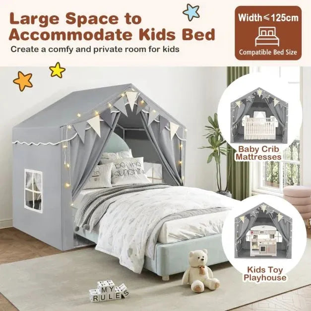 Kids Large Play Tent House with Screen Curtains and Star Lights in Grey - Little and Giant Explorers Costway