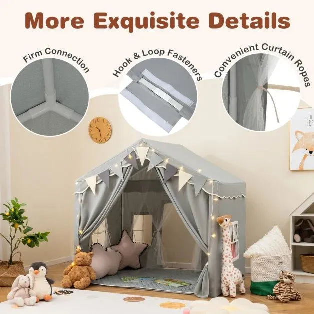 Kids Large Play Tent House with Screen Curtains and Star Lights in Grey - Little and Giant Explorers Costway