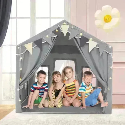 Kids Large Play Tent House with Screen Curtains and Star Lights in Grey - Little and Giant Explorers Costway